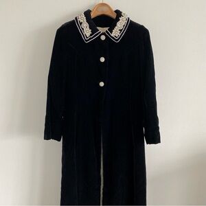 Vintage Black Velvet Jeweled Long Peacoat